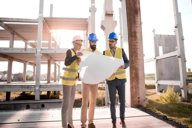 Equipo de ingenieros analizando planos, estudio de viabilidad para proyectos EPC energéticos